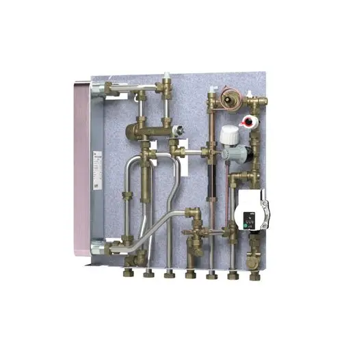 Danfoss Wohnungsstation für Heizungsanlagen mit verschiedenen Anschlussarmaturen, Ventilen und Sensoren zur Regelung von Heizungsflüssen.